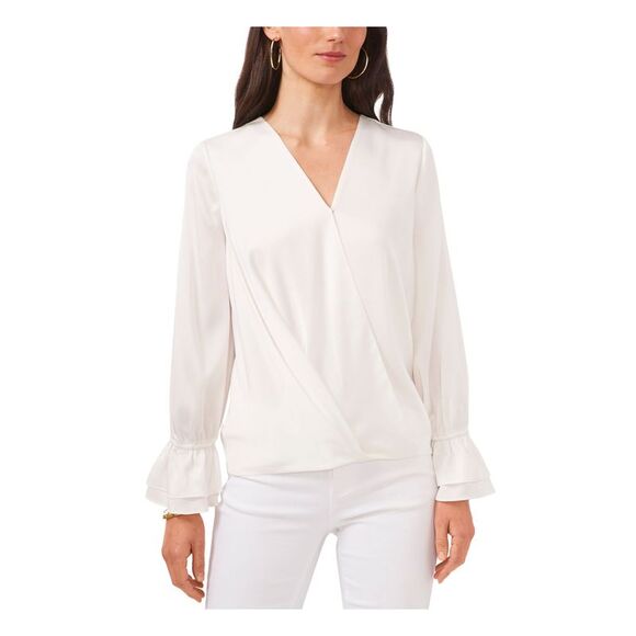 VINCE CAMUTO Womens Ivory Ruffled-cuff Step Hem Long Sleeve Faux Wrap Top XS - Picture 1 of 2